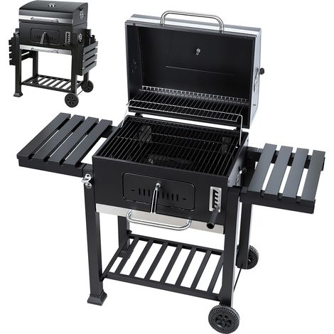 Randaco Barbacoa de carbón, smoker con dos estantes laterales plegables, carro BBQ, parrilla de pie con indicador de temperatura