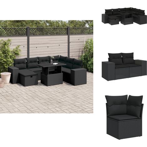 Salon de jardin 8 pcs avec coussins noir résine tressée - Salon De Jardin - Mobilier De Jardin - Set Salon De Jardin - Table Extensible - Chaise Lounge (1/5)