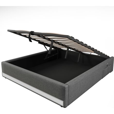 Lit coffre rembourré 140 x 200 cm gris avec LED USB Type C et poches latérales sans tête de lit (1/5)