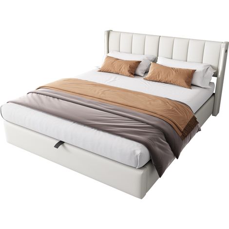 Letto matrimoniale 180 x 200 cm imbottito con LED, porta USB, contenitore idraulico, testiera regolabile a 3 posizioni, rivestimento in PU bianco  CHICFURN (1/5)