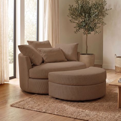 Fauteuil rond loveuse pivotante + coffre en tissu texturé marron (1/5)