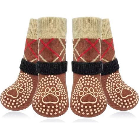 Scarpe per cani, confezione da 2 calzini antiscivolo per cani, impediscono al cane di leccarsi le zampe, per pavimenti in legno, protezione antiscivolo per zampe e piedi, marrone, taglia (1/5)