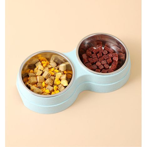 Gamelle pour chien mignonne fournitures pour animaux de compagnie bol d'alimentation rond antidérapant en acier inoxydable pas facile à renverser deux bols (Couleur : bleu) (1/4)
