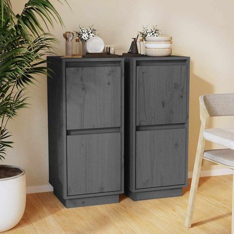 Aparador 2 uds madera maciza de pino gris 31,5x34x75 cm (1/4)