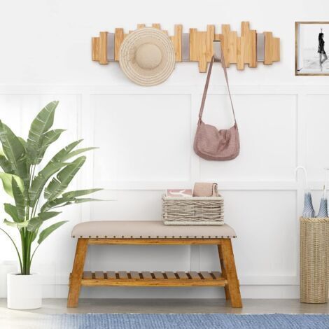 NALOOKAMIC Porte-manteau mural en bois - Crochet porte-manteau avec 5 crochets en métal dépliables pour manteaux, vestes, chapeaux, sacs, couloir, chambre, salle de bain 40 cm