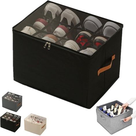 Boîte à chaussures pliable – 43 x 32 x 30 cm – Noire – Couvercle transparent – Contient 6 paires (1/5)