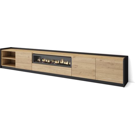 Skraut Home - Mueble TV, Televisión, 310x37x50cm, Para TV hasta 80", Chimenea eléctrica, Roble y negro (1/5)