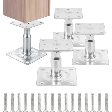 Relaxdays Juego de 4 soportes para postes, altura regulable 100-150mm, protección madera, placa 9,5x9,5cm, acero plata (1/5)