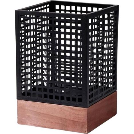 Windlicht aus Metall und Holz mit Glaseinsatz - 18 x 12 cm - Kerzenhalter im modernen Gitter Design - Garten Tisch Deko Kerzen Laterne Kerzenständer eckig