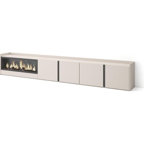 Skraut Home - Mobile TV Soggiorno, Ampio spazio a disposizione, 315x35x50cm, Per TV fino a 80", Camino elettrico XXL, Stile moderno, Beige (1/5)