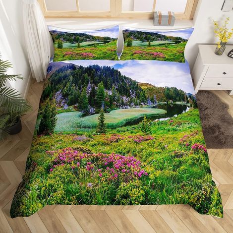 Thème Nature Housse de Couette Botanique Floral Montagne Imprimé Parure de Lit 200x200cm Paysage Naturel Ensembles de Housse de Couette pour Enfants Chambre Décor avec 2 Taie d'oreiller - 200x200cm (1/5)