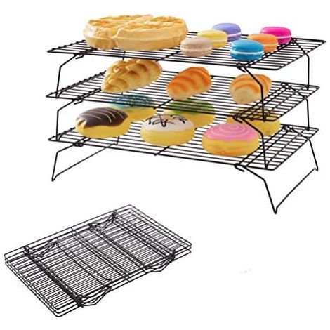 3 Tier Non-Stick Metal Collapsible Cake Cooling Racks, Stackable Cooling Trays with Collapsible Legs for Cooling Cakes, Cookies, Bread - Carbon Steel (1/5)