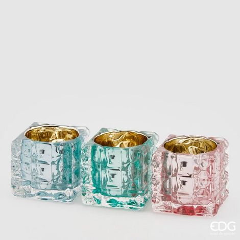 EDG Enzo De Gasperi Portacandela Cubo in Vetro 3 Pezzi Colori Assortiti