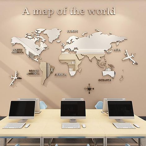 CCYKXA Acryl-3D-Weltkarten-Wandaufkleber, Spiegel-Wandtattoo für Büro, Arbeitszimmer, Wohnzimmer, Schlafzimmer, Silber (1/5)