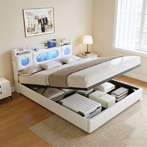 Lit coffre 160x200cm, Lit adulte 160x200 cm avec éclairage LED et ports USB, Cadre de lit 160x200 avec sommier et tête de lit rangement, Style scandinave, PU Blanc