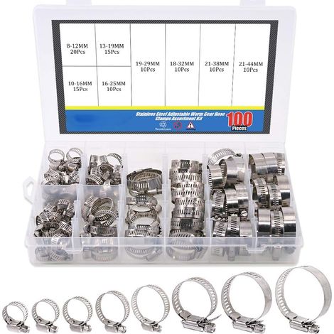 100 Stück verstellbare Schlauchklemmen aus Edelstahl 304, 8–44 mm, für Wasserleitungen, Sanitär, Automobil und mechanische Anwendungen (Schlauchklemmen-Set)
