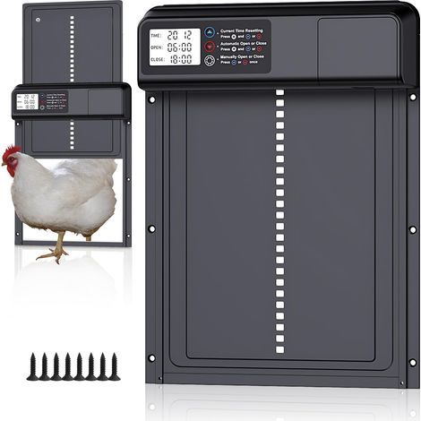Poulailler Porte Automatique Électrique à Piles avec Minuteur & Écran LCD Sécurité Anti-pincement Aluminium Étanche IPX4 Facile à Installer et Utiliser (1/5)