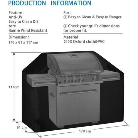 Telo di copertura XL per barbecue, 170 x 61 x 117 cm, copertura protettiva per esterni, realizzata in tessuto Oxford 210D impermeabile. (1/3)