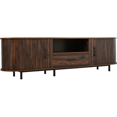 Mueble TV de 180 cm de MDF con puertas correderas, cajón y estantes abiertos, efecto nogal (1/5)
