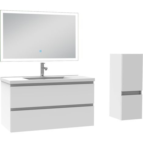 Ensemble meuble de salle de bain 100cm, vasque céramique + colonne bas + miroir lumineux, blanc (1/5)