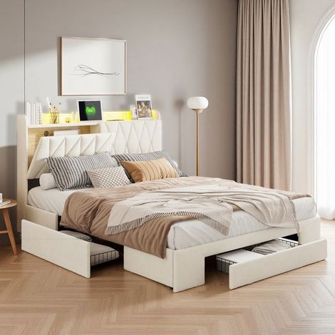 Struttura letto 140x200 cm - 240401HXF - LED - USB - storage - adulto - velluto - letto matrimoniale 140x200 cm - beige