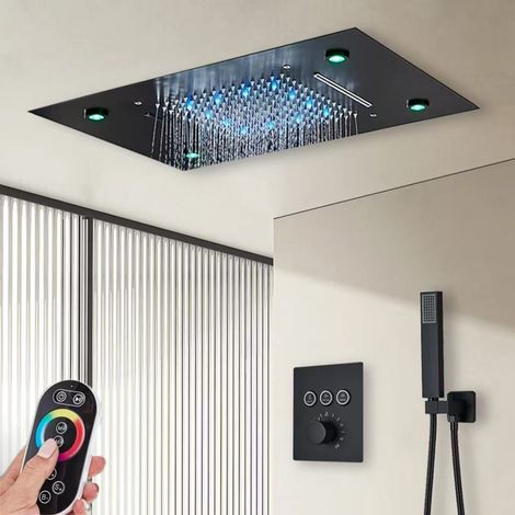 Système de douche LED encastré au plafond pour salle de bain, ensemble de douche thermostatique à effet pluie avec douchette, 35,5 x 51 cm (1/5)