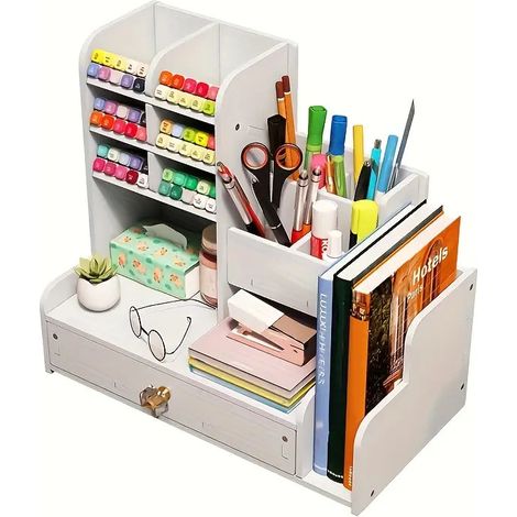 M.J COMFY-LIFE White Desk Organiser with Drawer Desktop Markers Pens Storage Multifunctional Pen Dividers Holder Tidy Caddy Stationery Artist Storage Organiser Box for Home Office School (1/4)