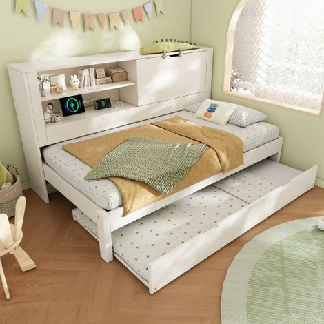 Schlafsofa Einzelbett mit Ausziehbett, weißes Bettgestell mit Stauraum‑Rückwand, offenes Fach, verdeckter Klapp‑Stauraum, USB/USB‑C Ladestation, Lattenrost, Ohne Matratze