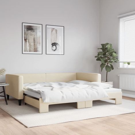 Tagesbett Ausziehbar Creme 100x200 cm Stoff