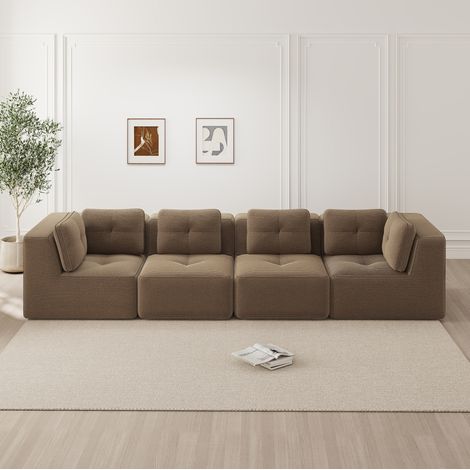 Canapé d’angle modulaire en velours côtelé marron, sans montage, assise basse et accoudoirs larges (1/5)