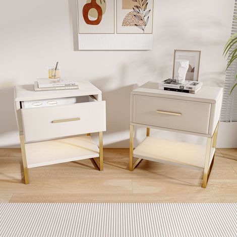 2er Set Nachttische, mit Velours-Oberfläche, mit Aufbewahrungsschublade und offener Ablage, LED-Beleuchtung, skandinavischer Stil, Beistelltisch, für Wohnzimmer und Schlafzimmer – Beige