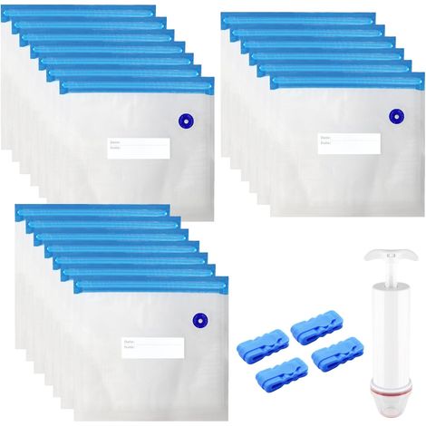 20 Pcs Reusable Food Vacuum Bags 21 x 22 cm BPA Free Reusable Food Vacuum Bag with 1 Hand Pump 4 Clips Vacuum Bags for Food Storage (1/5)