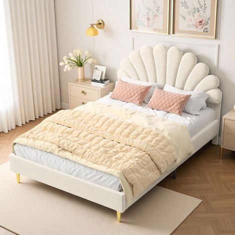 Doppelbett 140x190 cm - TANANT - Prinzessinnenbett - Gepolsterte Kopfteil - Beige Samt - Modernes Design