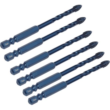 10-teiliges Hartmetallbohrer-Set mit Kreuzspitze, 1/4"-Sechskantschaft, für Keramik, Marmor und Glas, dunkelblau, 6 mm Durchmesser (1/5)