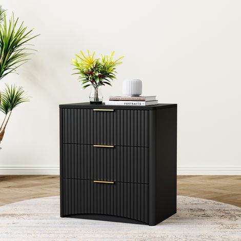 Mesita de noche negra con 3 cajones, ranuras decorativas y tiradores dorados, 58x38x64 cm (1/5)