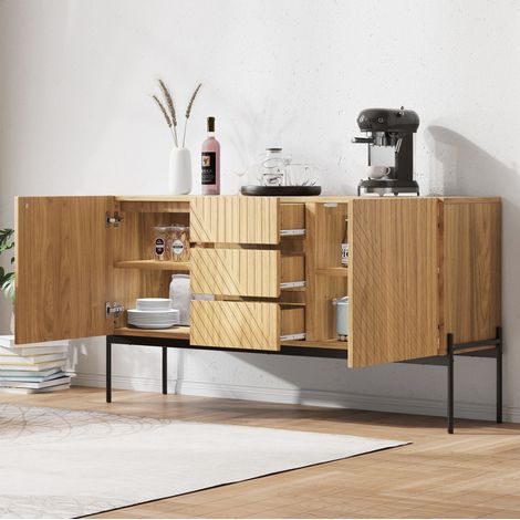 Buffet 140x40x75 cm naturel en panneaux de particules avec 2 portes, 3 tiroirs et étagère réglable (1/5)