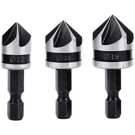 3PCS Fraises à Chanfreiner 90 Degrés 5 Flûte Conique à Noyer 12mm/16mm/19mm 1/4" Hex Foret Fraisage en Acier au Carbone pour Coupe de Chanfreinage de Bois