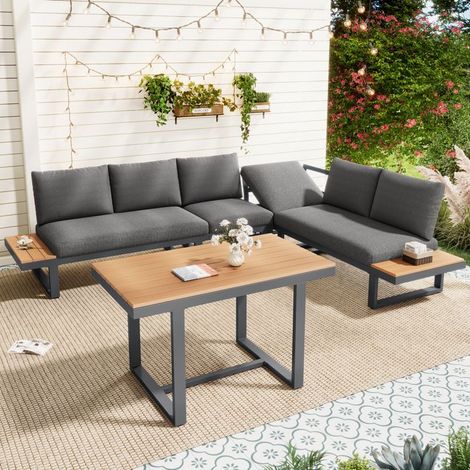 Ensemble de salle à manger de jardin - Canapé modulable - Dossier réglable 5 positions - Plateau bois-plastique - Gris (1/5)