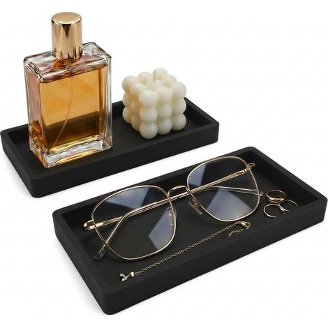 2 Plateaux de Salle de Bain 20 x 10 cm, Distributeur de Savon rectangulaire, Plateau de Cuisine en Silicone Facile à Nettoyer, idéal pour Les parfums, Les Bougies, Les Bijoux et Le Savon (Noir) (1/5)