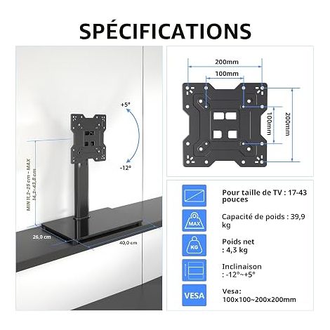 TS103 TV Stand for 17-43 Inch LED/LCD/OLED/Plasma/Curved TVs, Universal Height and Tilt Adjustable TV Stand, Max VESA 200 x 200 mm (1/4)