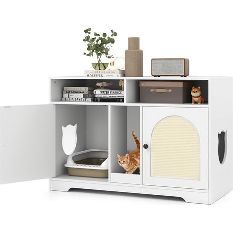 4 in 1 Meuble Litiere Chat, Cache Litiere Chat Double Portes, 2 Compartiments, Planche et 2 Tapis à Griffer en Sisal, 2 Trous Latéraux, Blanc