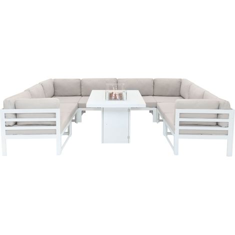 Modulares Gartenmöbel Set Weiß 9-teiliges Sofa Tisch & Feuerstelle Outdoor Set