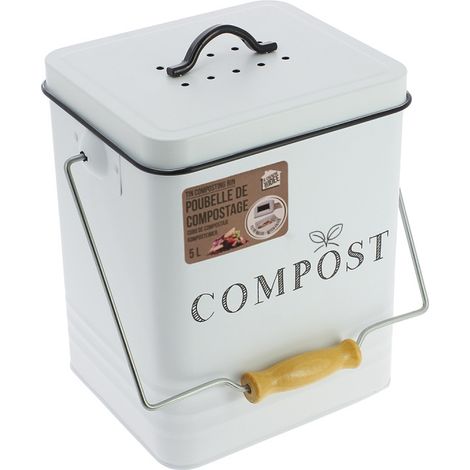 Poubelle de compostage en métal 5L – Contenance 5L – Dimensions 15,5x18x24cm – Notice et filtre inclus – Pour déchets organiques – Cook Concept