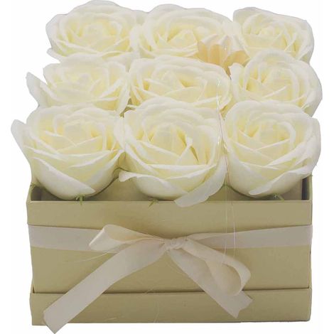 Bouquet cadeau de fleurs de savon - 9 roses crème - Carré- Vendu par 1 (1/4)