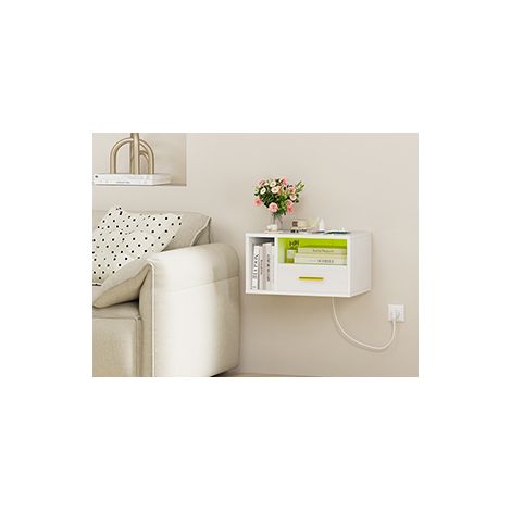 Haloyo® 1er Set Hängenachttisch mit Steckdose, Wandmontierte Nachttische, Nachttische, 46,5x30x25,5 cm, Weiß (1/5)