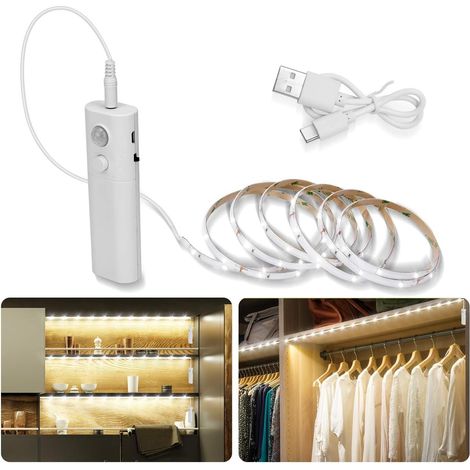 Selbstklebende LED Streifen mit Bewegungsmelder, 2M LED Streifen Akku Aufladbar Kaltweiß für Küche, Schrankbeleuchtung, Treppenbeleuchtung, Unterbauleuchte, Flure, Keller, Garage
