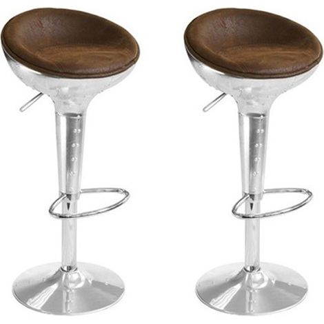 Designetsamaison – Lot de 2 tabourets de bar vintage en microfibre – Hauteur réglable 60-80cm – Pivote à 360° – Finitions aluminium type aviator (1/2)