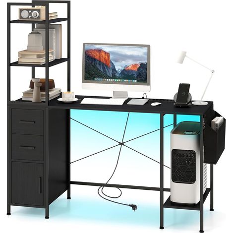 Bureau avec Lumières LED et Multiprise Intégrée, Étagères de Rangment Ouvertes, 2 Tiroirs, Armoire, Poche en Tissu, Table d'Ecriture, Noir (1/5)