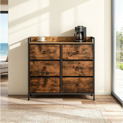 Cómoda 80x29x78 cm de madera y metal, marrón y negro, con 6 cajones, para entrada – MEUBLIV (1/5)
