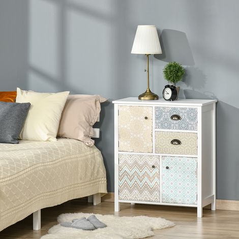 Cómoda para Dormitorio Bohemio con 2 Cajones 3 Compartimentos Diseño Anti-vuelco 68x34x80 cm Blanco (1/5)